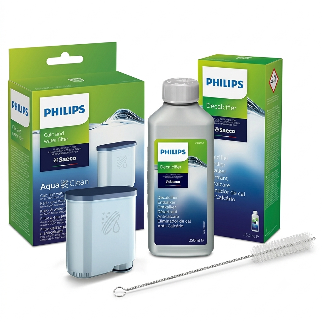 Set Întreținere Philips & Saeco 3-în-1 – Filtru AquaClean + Decalcifiant CA6700 + Perie Aparat Cafea