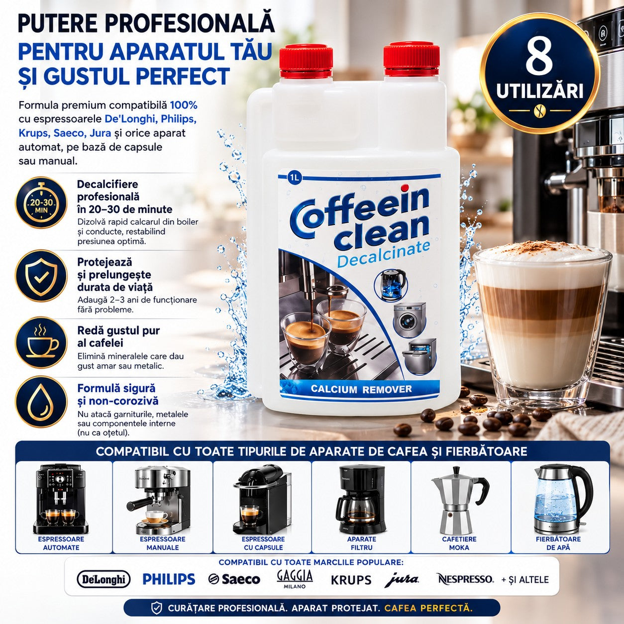 Soluție Decalcifiere Universală 1L | DeLonghi, Philips, Saeco, Krups, Jura