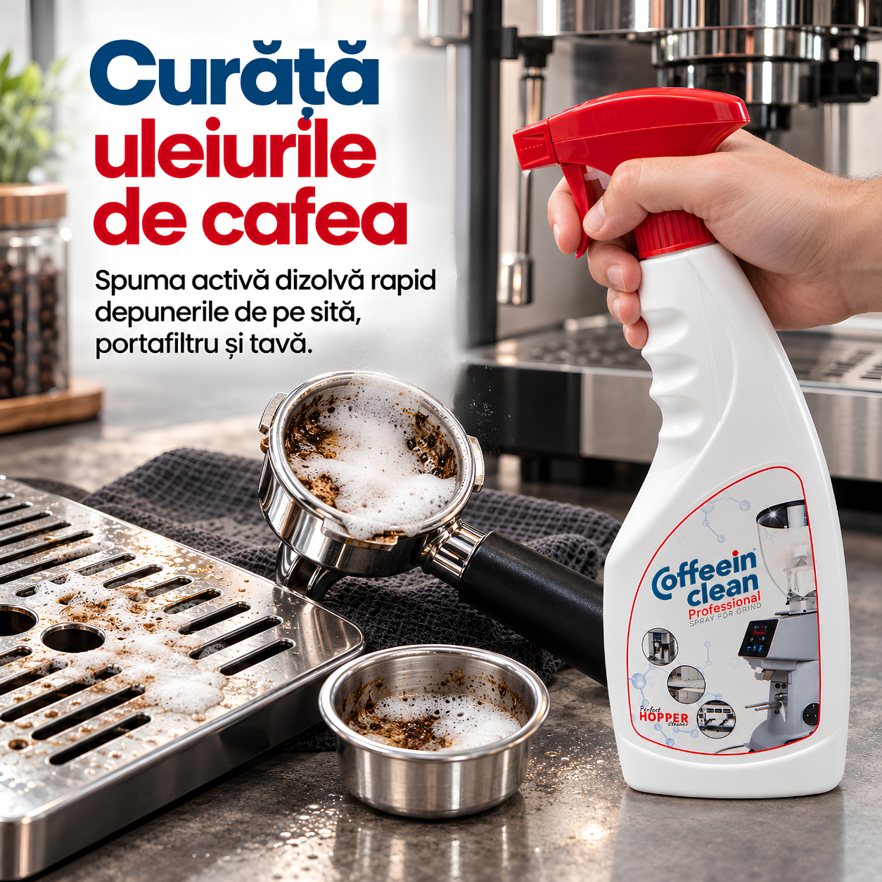 Spray Curățare Uleiuri de Cafea CafeaKit, Soluție Degresantă pentru Portafiltru, Grup și Accesorii Espressor, Formulă Activă Spumantă, Îndepărtează Reziduurile și Gustul Rânced
