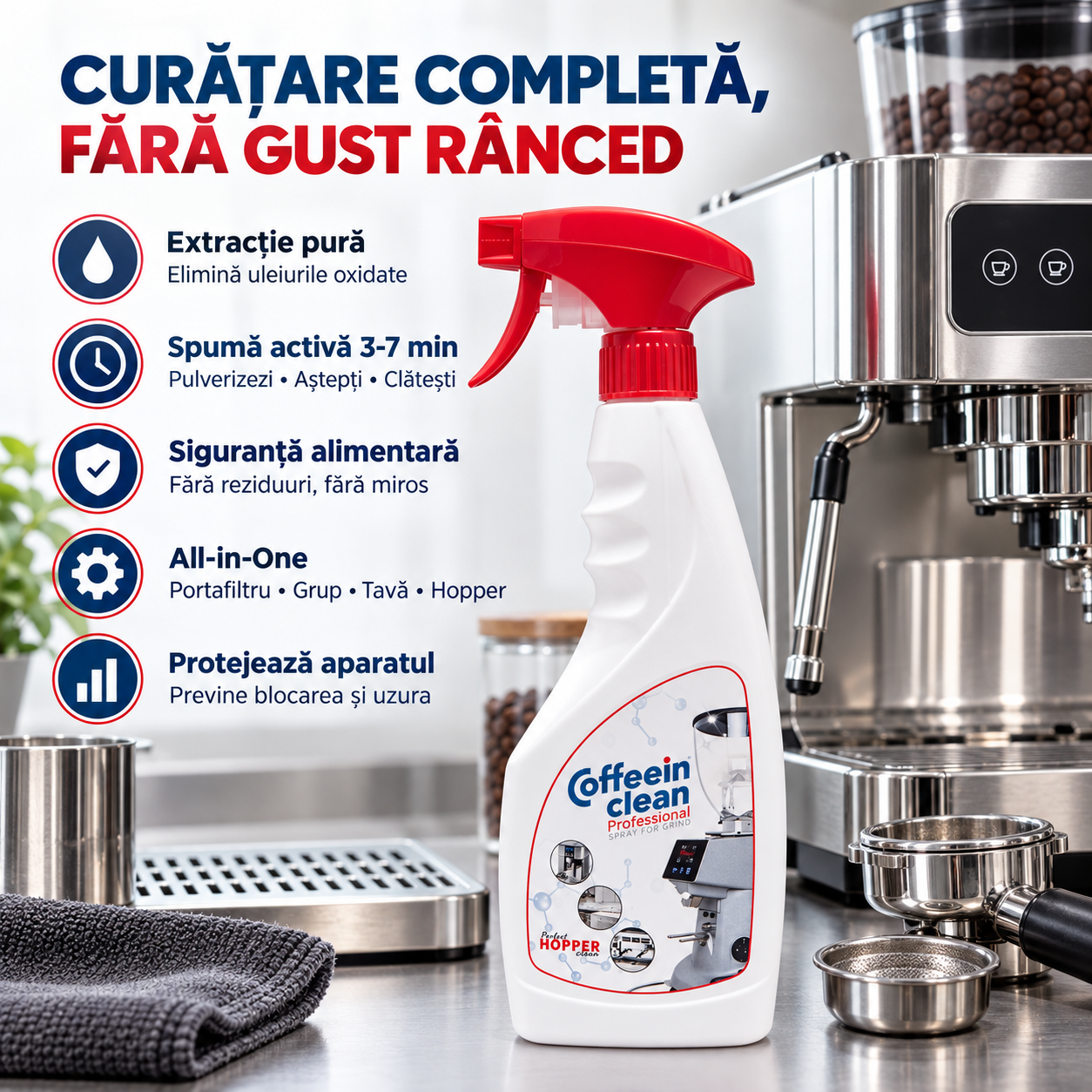 Spray Curățare Uleiuri de Cafea CafeaKit, Soluție Degresantă pentru Portafiltru, Grup și Accesorii Espressor, Formulă Activă Spumantă, Îndepărtează Reziduurile și Gustul Rânced
