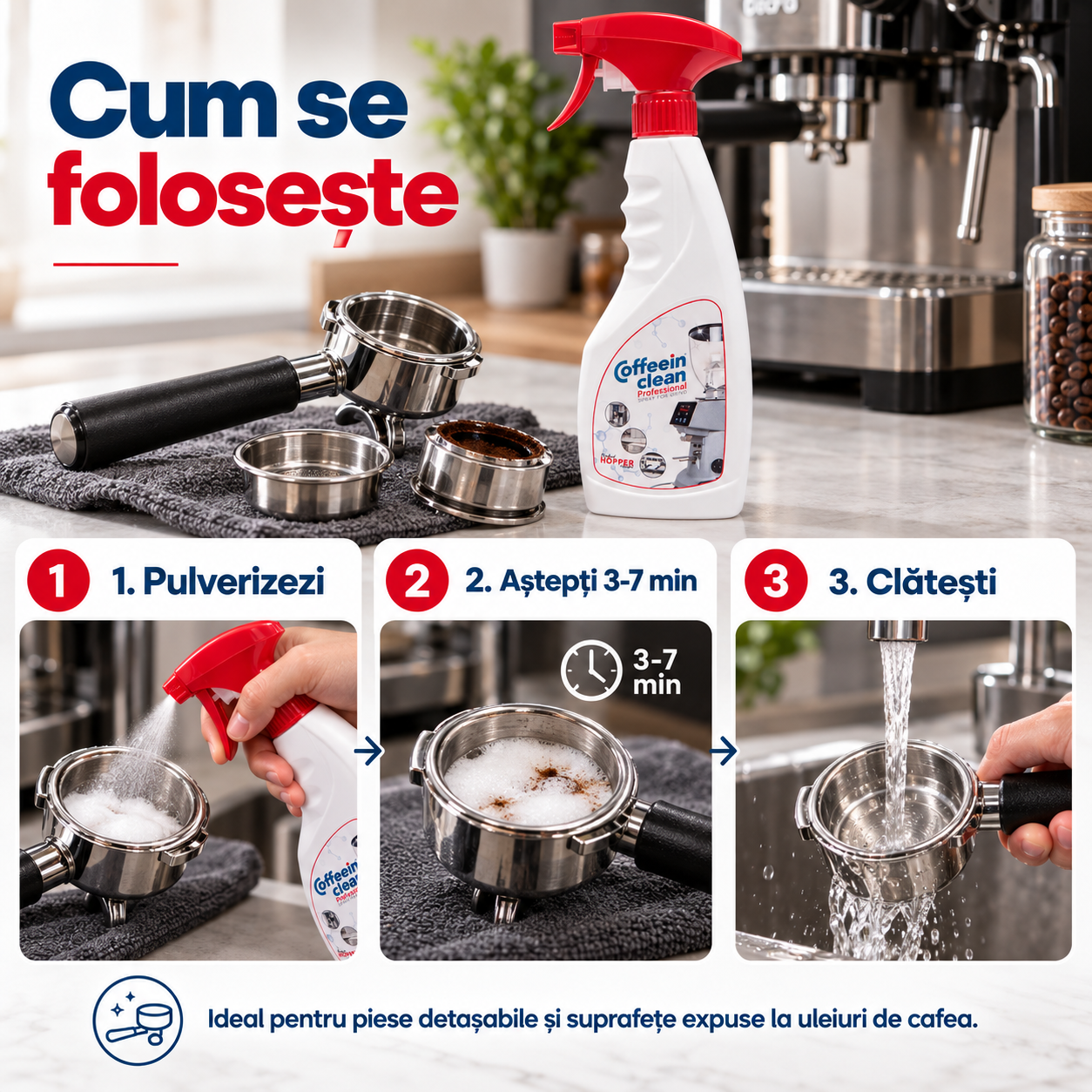 Spray Curățare Uleiuri de Cafea CafeaKit, Soluție Degresantă pentru Portafiltru, Grup și Accesorii Espressor, Formulă Activă Spumantă, Îndepărtează Reziduurile și Gustul Rânced