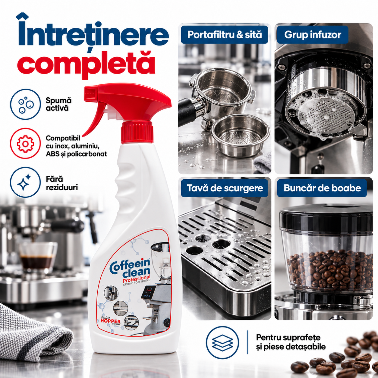 Spray Curățare Uleiuri de Cafea CafeaKit, Soluție Degresantă pentru Portafiltru, Grup și Accesorii Espressor, Formulă Activă Spumantă, Îndepărtează Reziduurile și Gustul Rânced