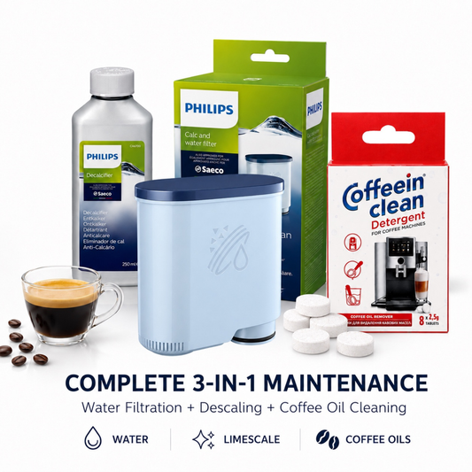 Intretinere completa espressoare cafea 3-in-1, filtrare apa, elimina calcar, curata ulei, filtru Philips AquaClean 625 cesti cafea, 250 ml decalcifiant Philips, 8 x 2.5 g pastile curatare uleiuri cafea Coffeein Clean®, pentru aparatele marca Philips Saeco