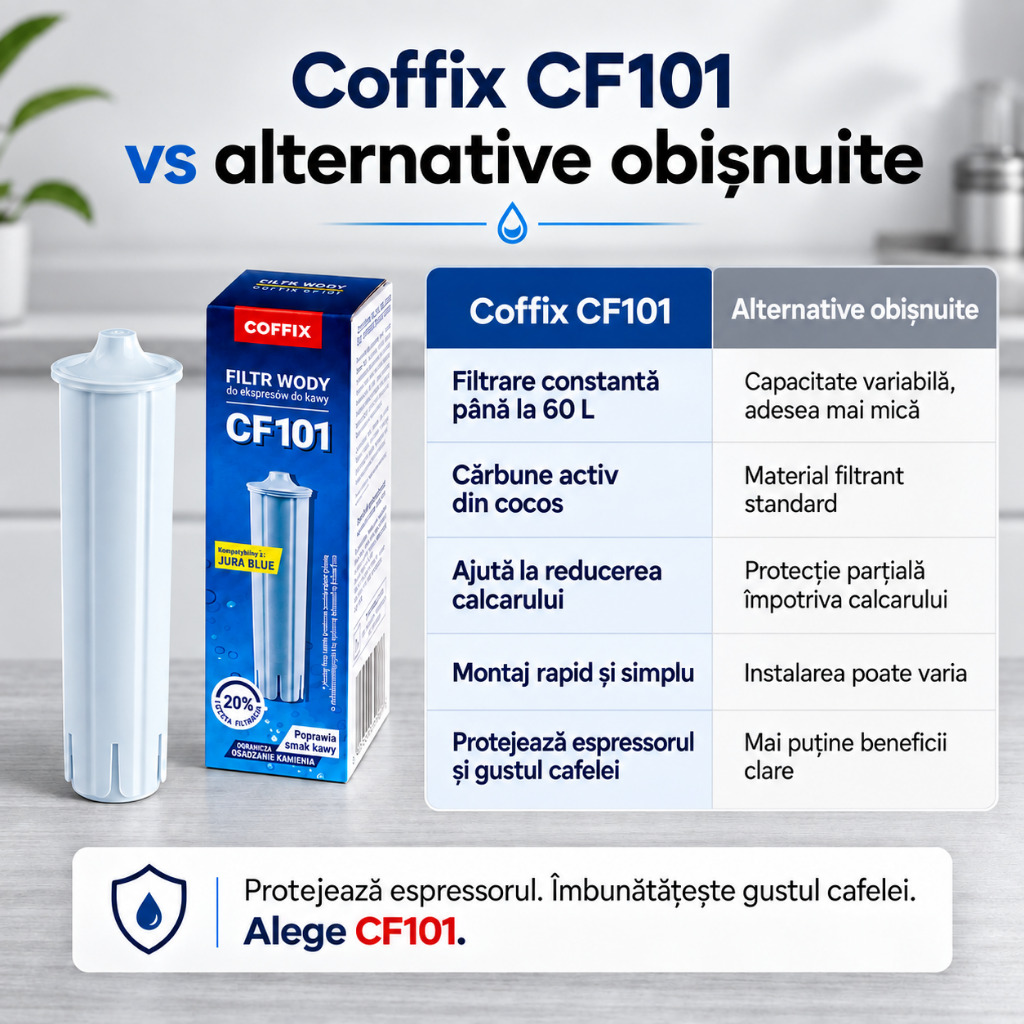 Filtru apa Coffix CF101 pentru espressoare Jura, compatibil Claris Blue - capacitate 60 L sau aproximativ 500 cafele, protectie anticalcar, utilizare pana la 2 luni