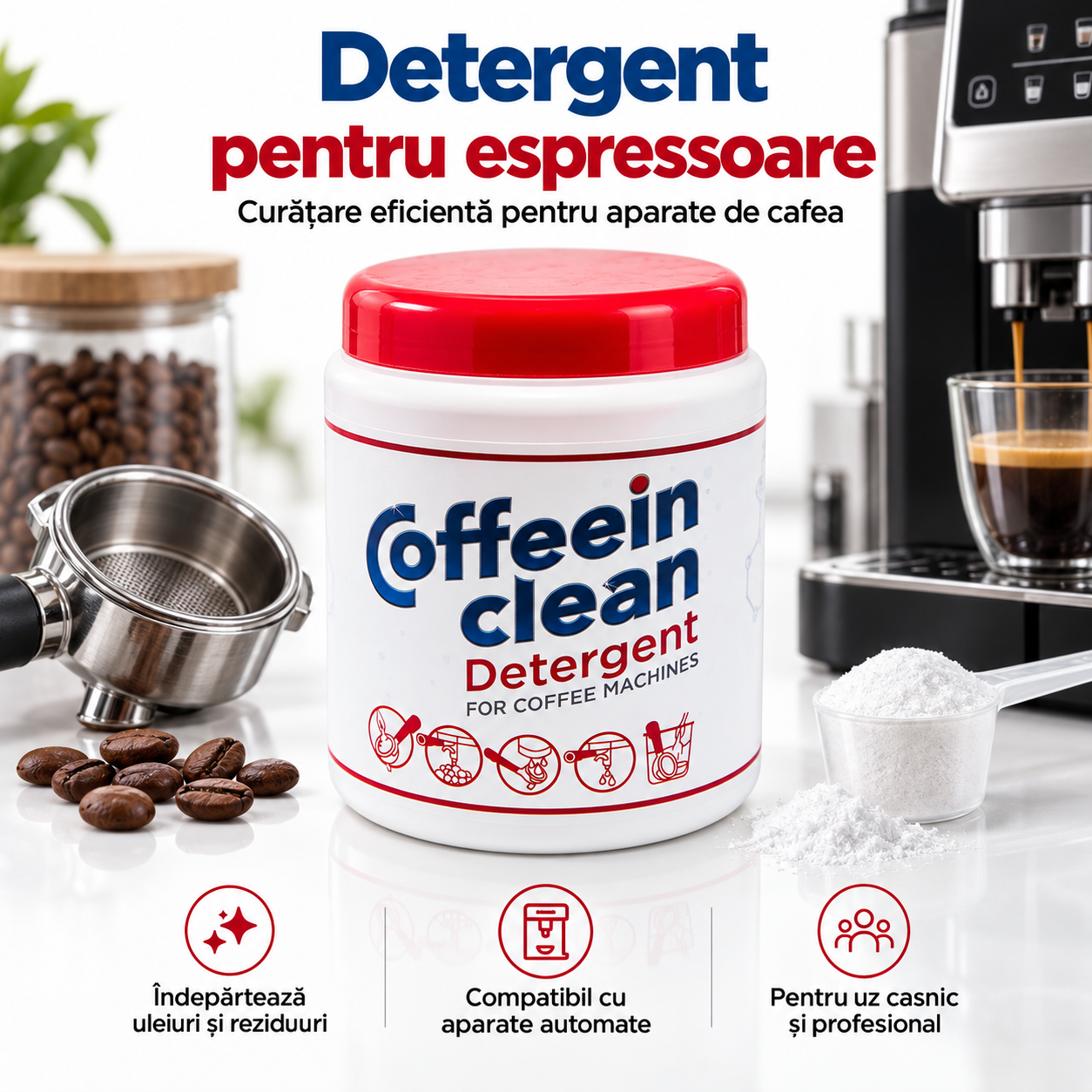 Coffeein Clean Detergent praf eliminare uleiuri cafea 900g universal DeLonghi Philips Saeco Bosch Siemens