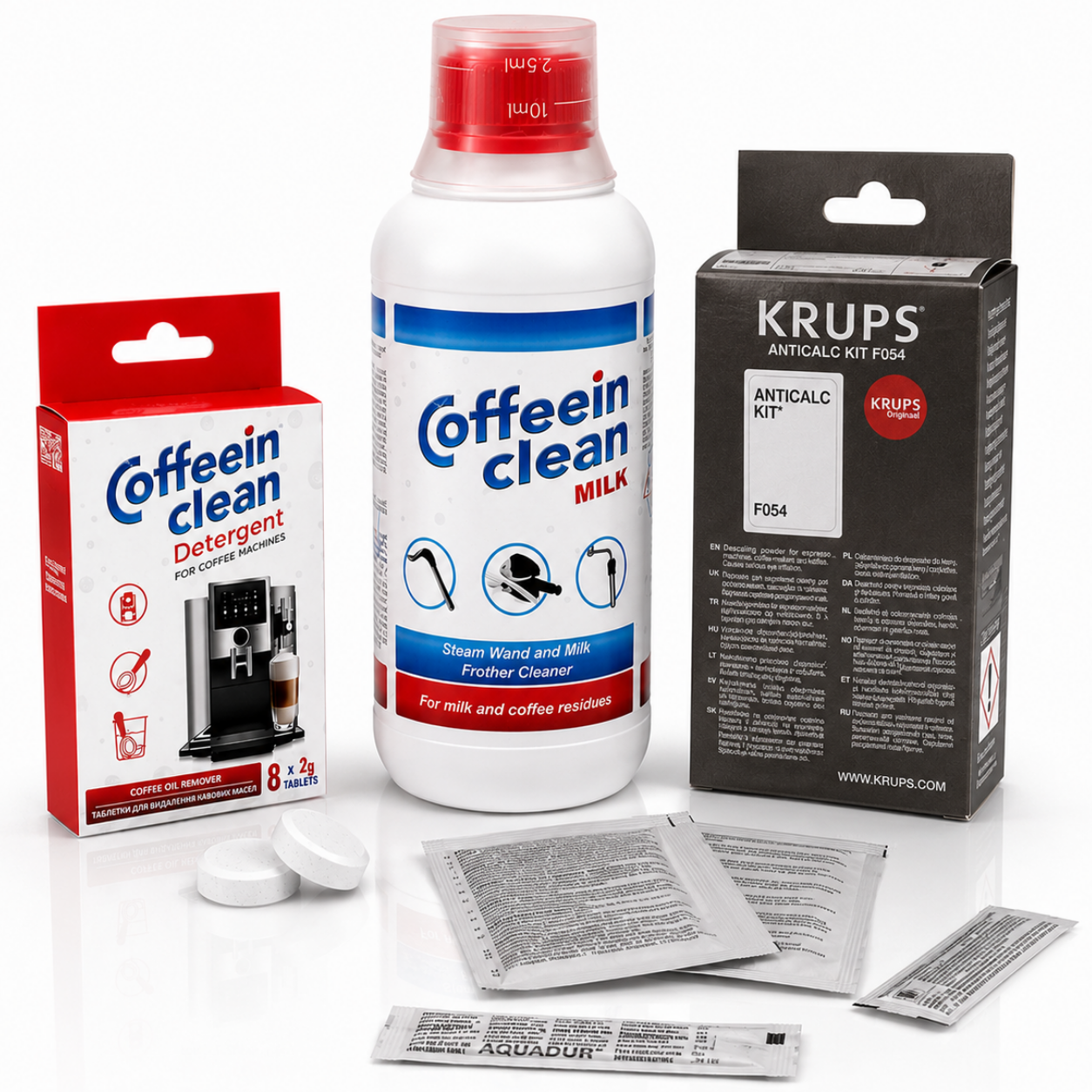 Set anual intretinere espressoare Krups cu spumare lapte, decalcifiant Krups Original, 8 pastile degresare- curatare uleiuri espressor 2 g, Solutie curatare circuit lapte 250 ml/5 cicluri Coffein Clean, set complet decalcifiere si igienizare aparate cafea