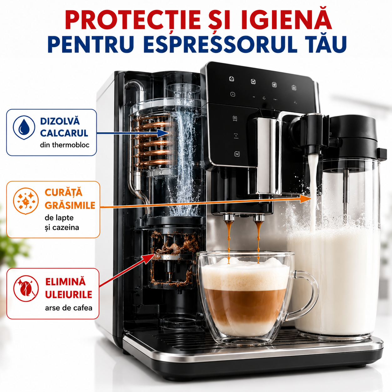 Set anual intretinere espressoare Krups cu spumare lapte, decalcifiant Krups Original, 8 pastile degresare- curatare uleiuri espressor 2 g, Solutie curatare circuit lapte 250 ml/5 cicluri Coffein Clean, set complet decalcifiere si igienizare aparate cafea