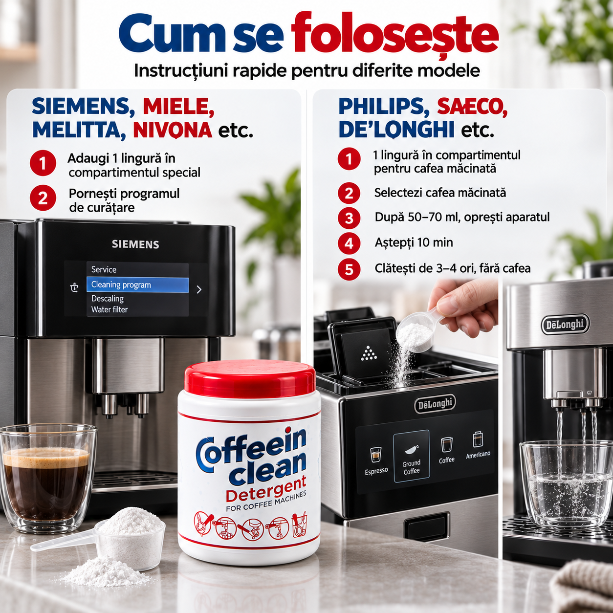 Coffeein Clean Detergent praf eliminare uleiuri cafea 900g universal DeLonghi Philips Saeco Bosch Siemens