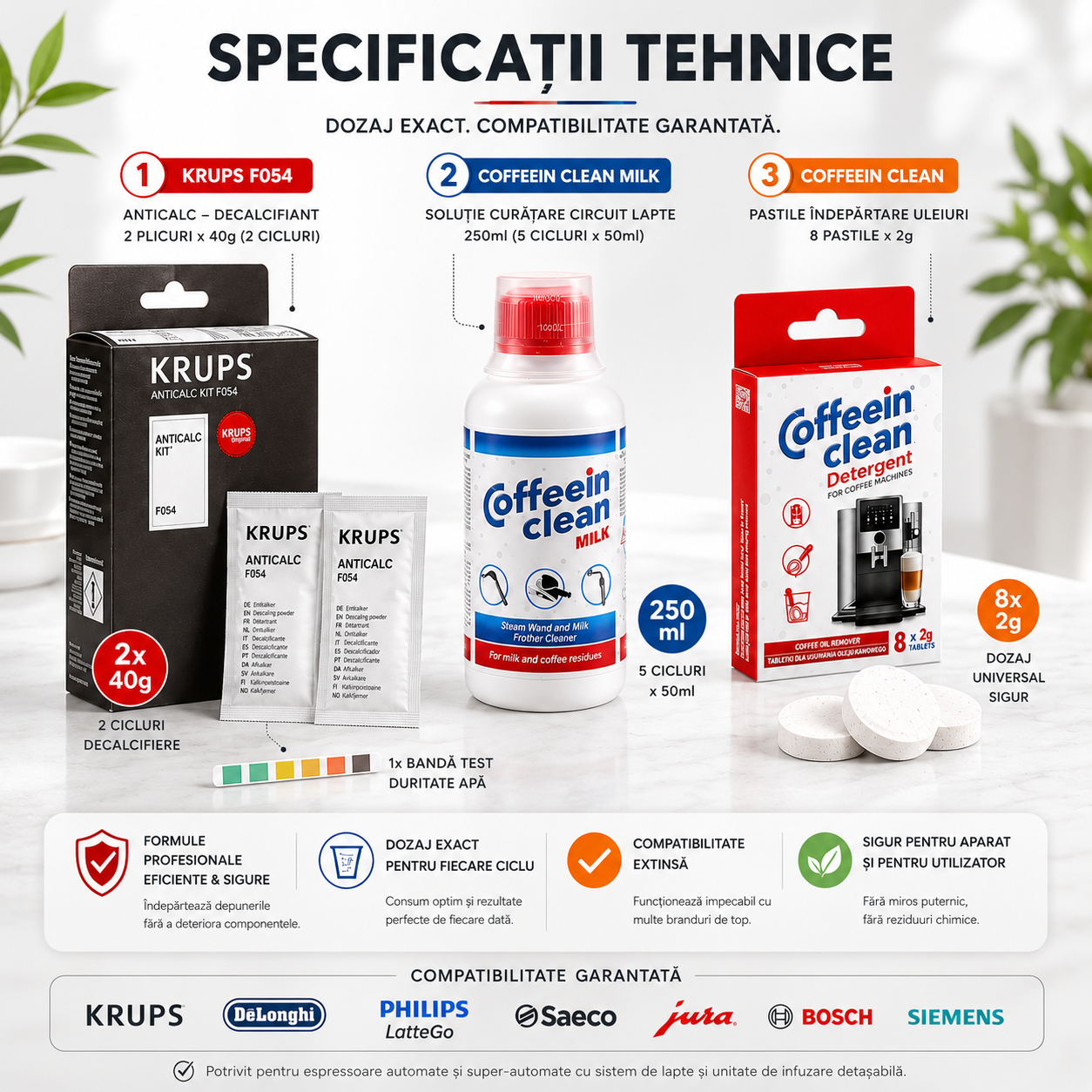 Set anual intretinere espressoare Krups cu spumare lapte, decalcifiant Krups Original, 8 pastile degresare- curatare uleiuri espressor 2 g, Solutie curatare circuit lapte 250 ml/5 cicluri Coffein Clean, set complet decalcifiere si igienizare aparate cafea