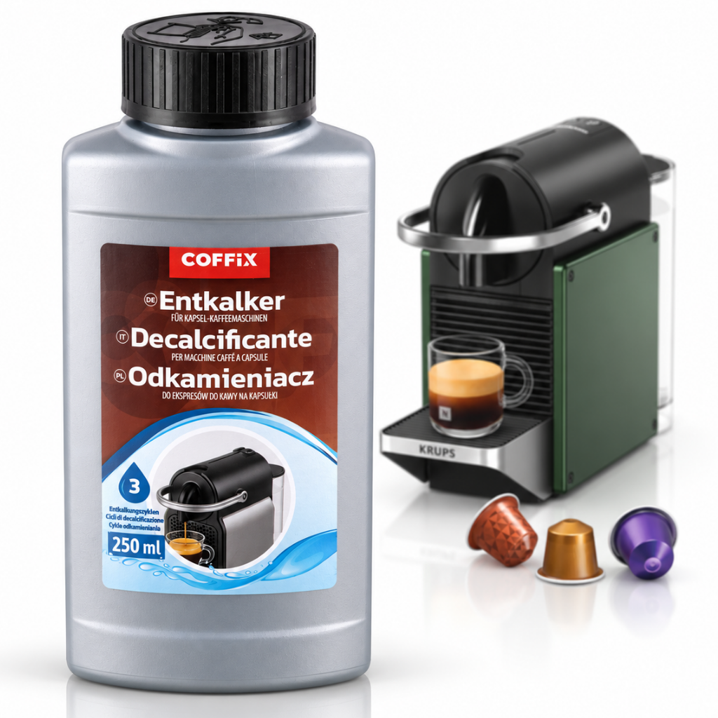 Decalcifiant COFFIX ECO 250 ml pentru Espressoare cu Capsule, 3 Utilizari, Compatibil Nespresso, DeLonghi, Krups, Bosch, Lavazza, Dolce Gusto, Illy, L'OR si Caffitaly