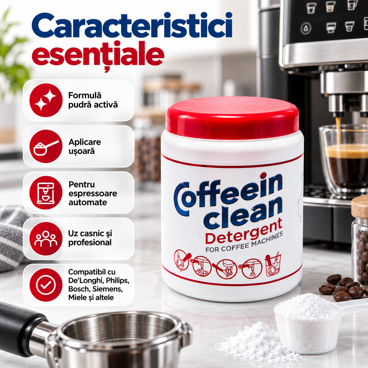 Coffeein Clean Detergent praf eliminare uleiuri cafea 900g universal DeLonghi Philips Saeco Bosch Siemens