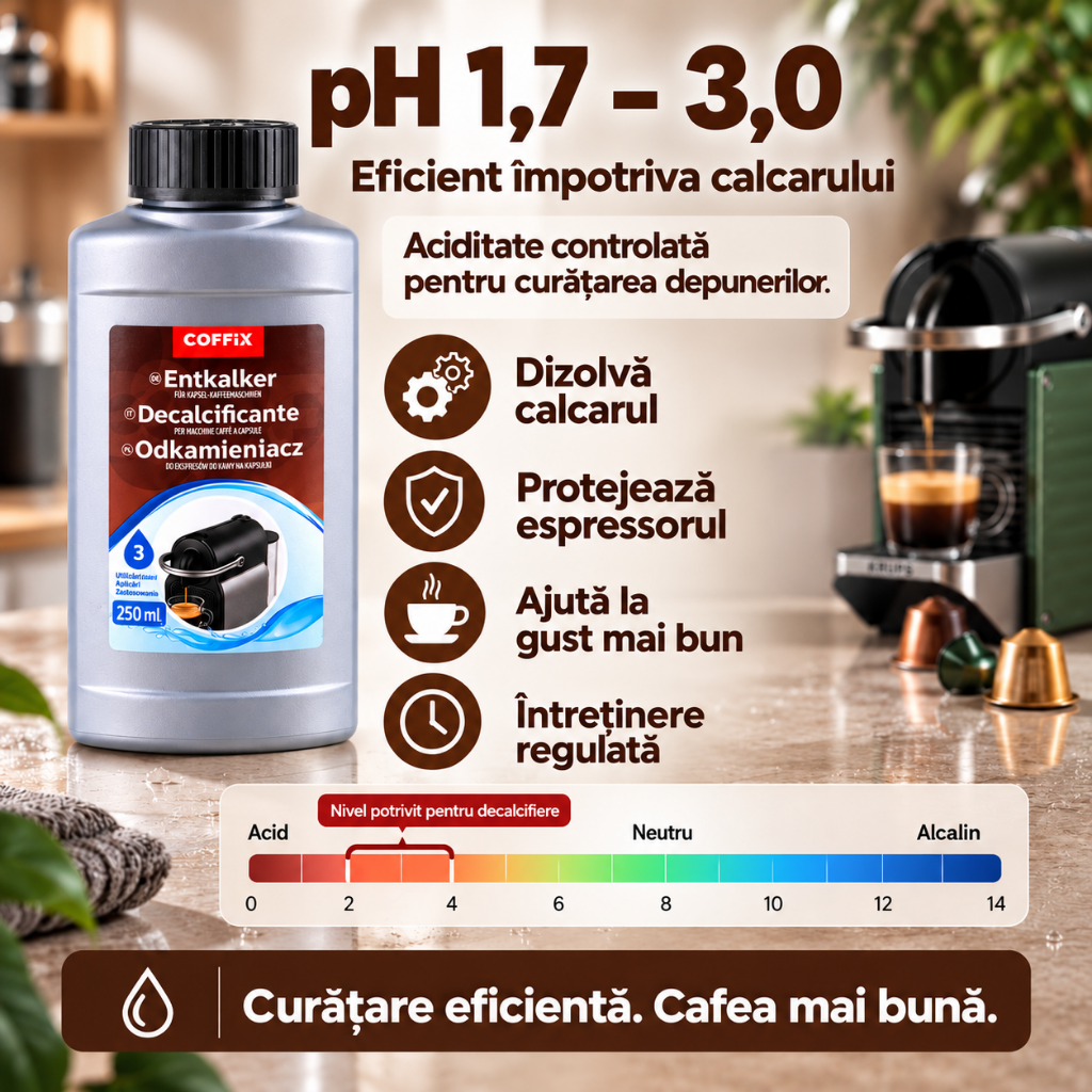 Decalcifiant COFFIX ECO 250 ml pentru Espressoare cu Capsule, 3 Utilizari, Compatibil Nespresso, DeLonghi, Krups, Bosch, Lavazza, Dolce Gusto, Illy, L'OR si Caffitaly