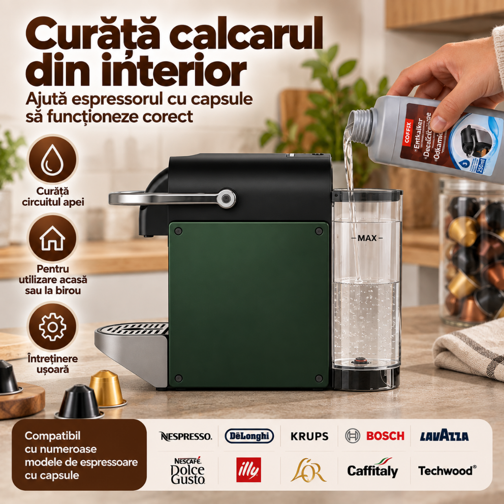 Decalcifiant COFFIX ECO 250 ml pentru Espressoare cu Capsule, 3 Utilizari, Compatibil Nespresso, DeLonghi, Krups, Bosch, Lavazza, Dolce Gusto, Illy, L'OR si Caffitaly