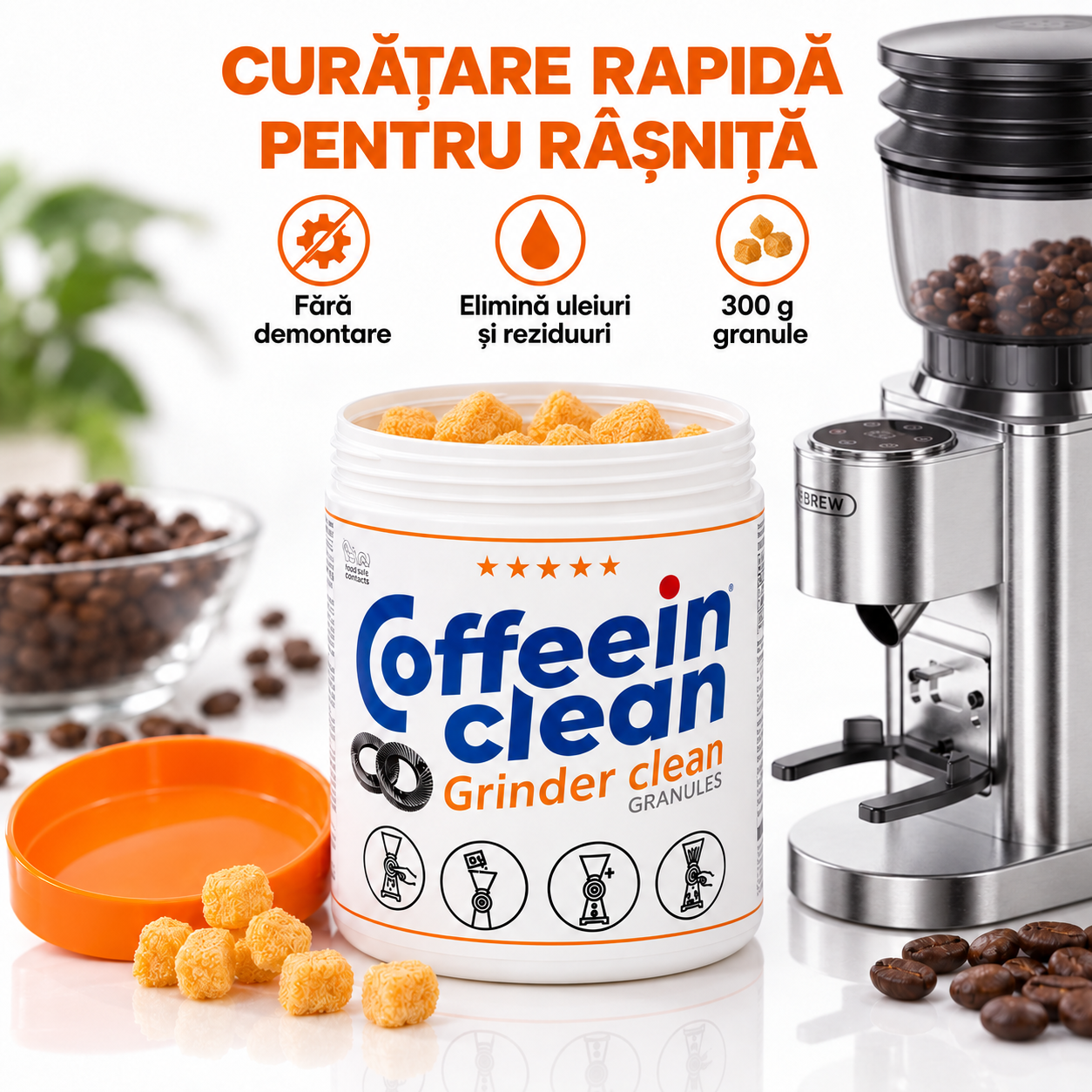 Granule Curatare Rasnita Cafea 300 g, Coffeein Clean® Grinder Clean, pentru Pietre Conice si Plate, Indeparteaza Uleiurile si Reziduurile, Curatare Fara Demontare