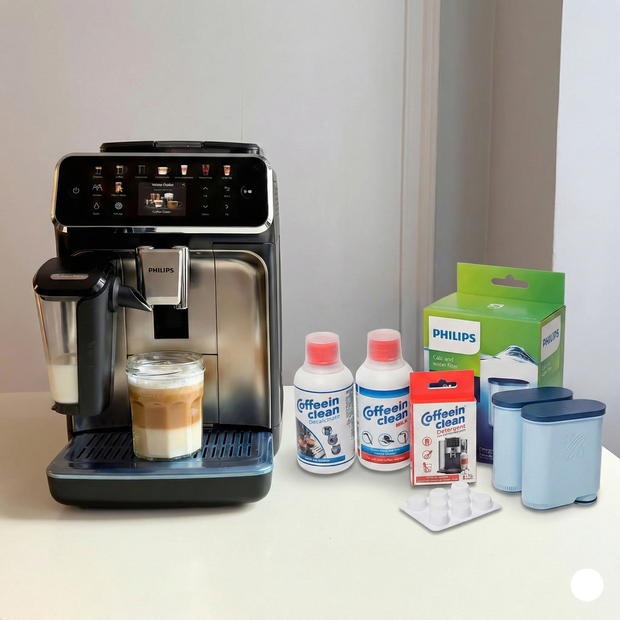Kit Anual Îtntreținere Espressor cu Circuit Lapte – Philips, Saeco, Gaggia | 2 Filtre + Decalcifiant + Tablete + Soluție Lapte