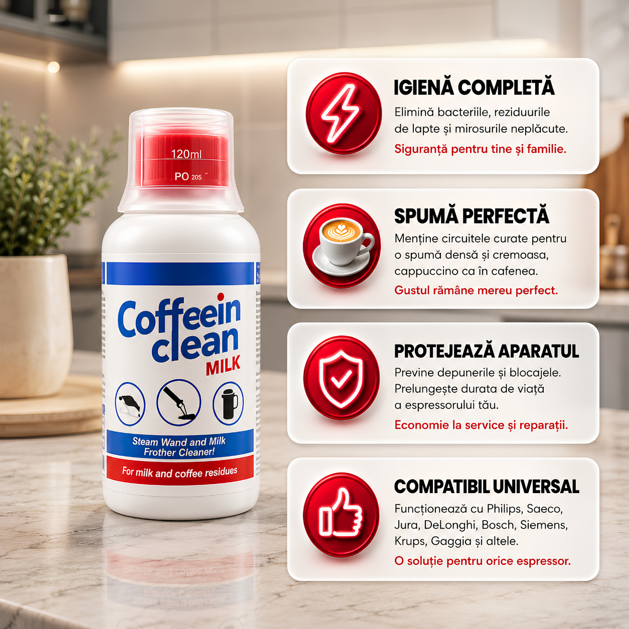 Set complet intretinere espressor Philips Saeco, 2 filtre AquaClean CA6903/10, solutie detartrare 250 ml, curatare circuit lapte 250 ml, 8 pastile 2,5 g, perie 20 cm, vaselina alimentara — Coffeein Clean®