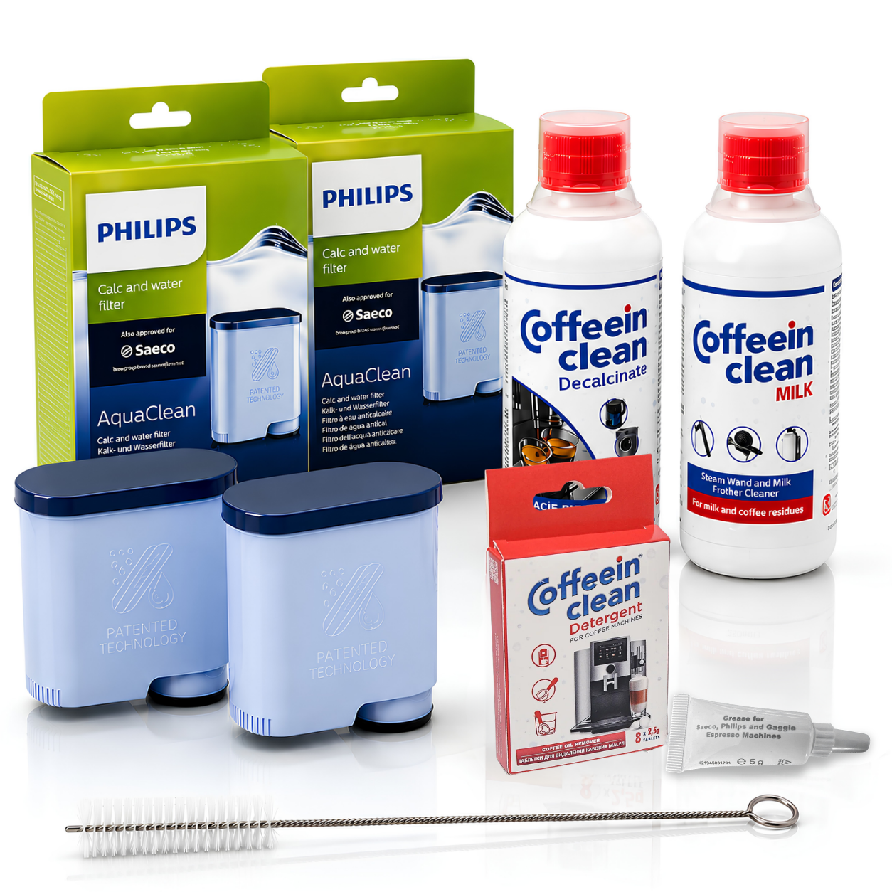 Set complet intretinere espressor Philips Saeco, 2 filtre AquaClean CA6903/10, solutie detartrare 250 ml, curatare circuit lapte 250 ml, 8 pastile 2,5 g, perie 20 cm, vaselina alimentara — Coffeein Clean®