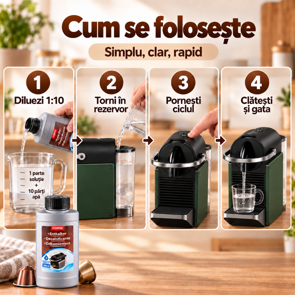 Decalcifiant COFFIX ECO 250 ml pentru Espressoare cu Capsule, 3 Utilizari, Compatibil Nespresso, DeLonghi, Krups, Bosch, Lavazza, Dolce Gusto, Illy, L'OR si Caffitaly