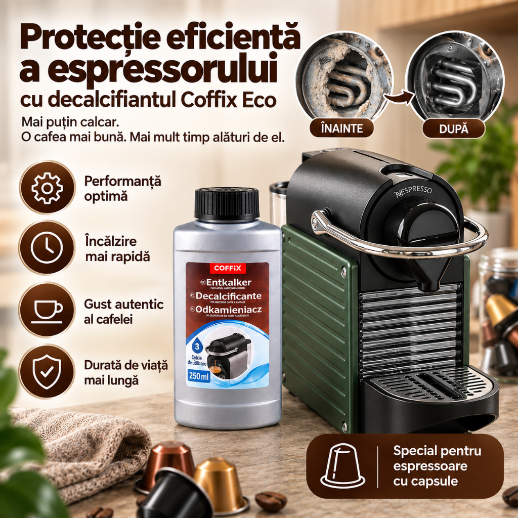 Decalcifiant COFFIX ECO 250 ml pentru Espressoare cu Capsule, 3 Utilizari, Compatibil Nespresso, DeLonghi, Krups, Bosch, Lavazza, Dolce Gusto, Illy, L'OR si Caffitaly