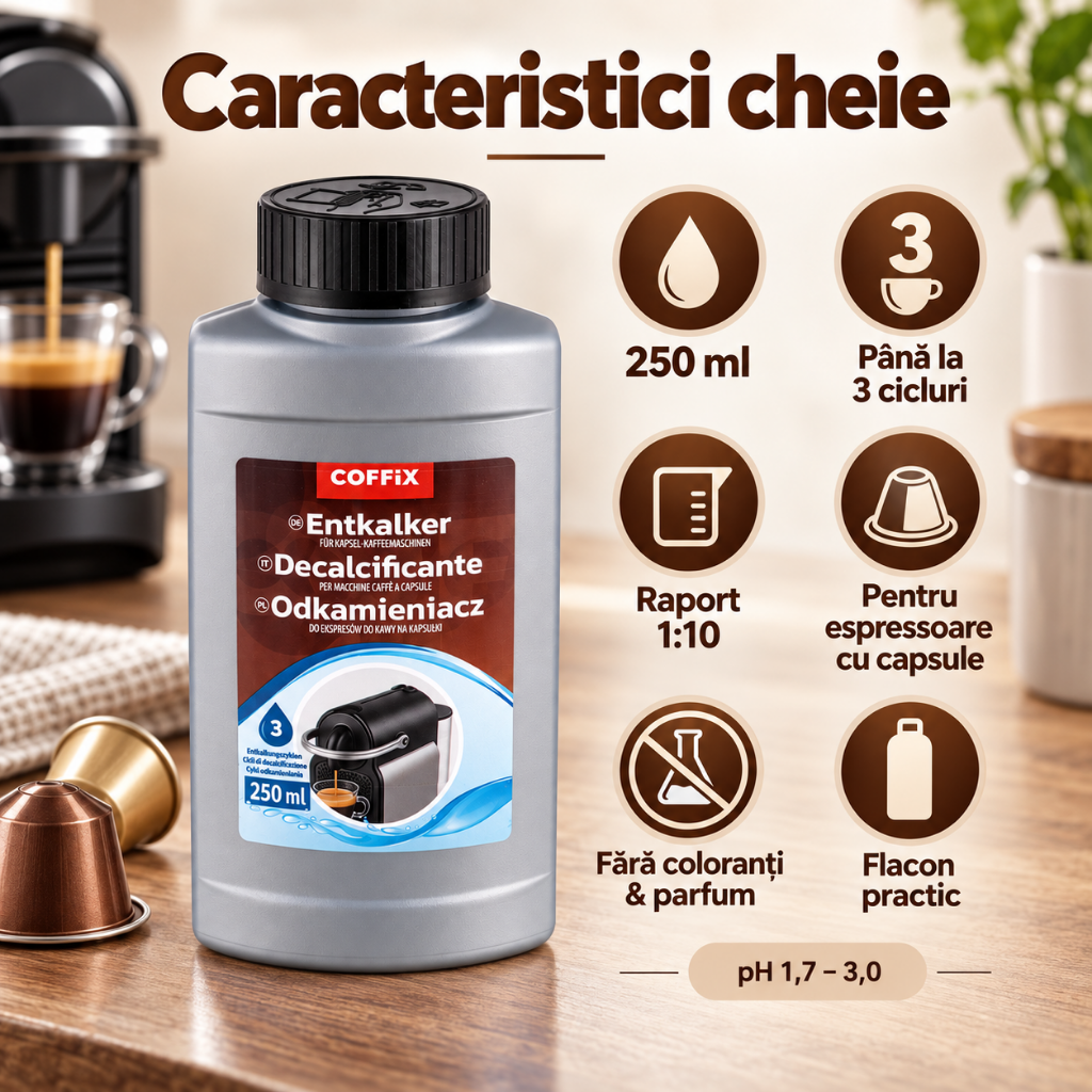 Decalcifiant COFFIX ECO 250 ml pentru Espressoare cu Capsule, 3 Utilizari, Compatibil Nespresso, DeLonghi, Krups, Bosch, Lavazza, Dolce Gusto, Illy, L'OR si Caffitaly