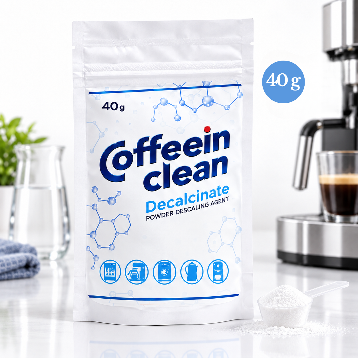 Decalcifiant Espressor Coffeein Clean DECALCINATE, 40 g, Pulbere Concentrata Anticalcar, Solutie pentru Curatarea Depunerilor de Calcar, Intretinerea Circuitului de Apa, Compatibil cu Espressoare Automate si Manuale