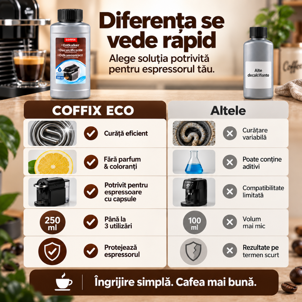 Decalcifiant COFFIX ECO 250 ml pentru Espressoare cu Capsule, 3 Utilizari, Compatibil Nespresso, DeLonghi, Krups, Bosch, Lavazza, Dolce Gusto, Illy, L'OR si Caffitaly