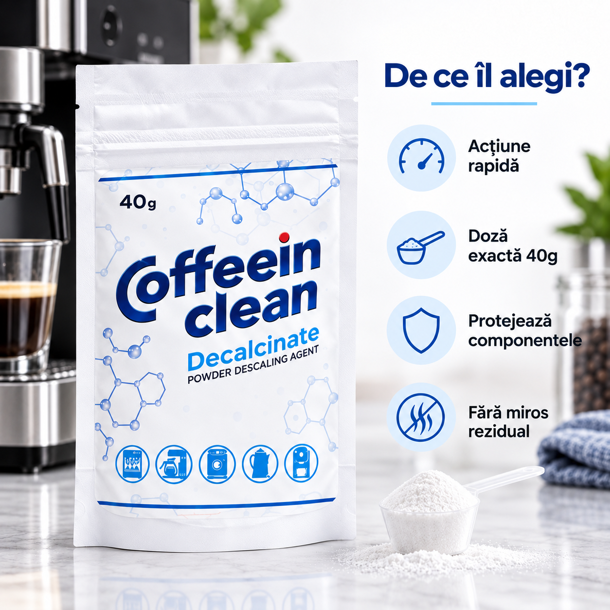 Decalcifiant Espressor Coffeein Clean DECALCINATE, 40 g, Pulbere Concentrata Anticalcar, Solutie pentru Curatarea Depunerilor de Calcar, Intretinerea Circuitului de Apa, Compatibil cu Espressoare Automate si Manuale