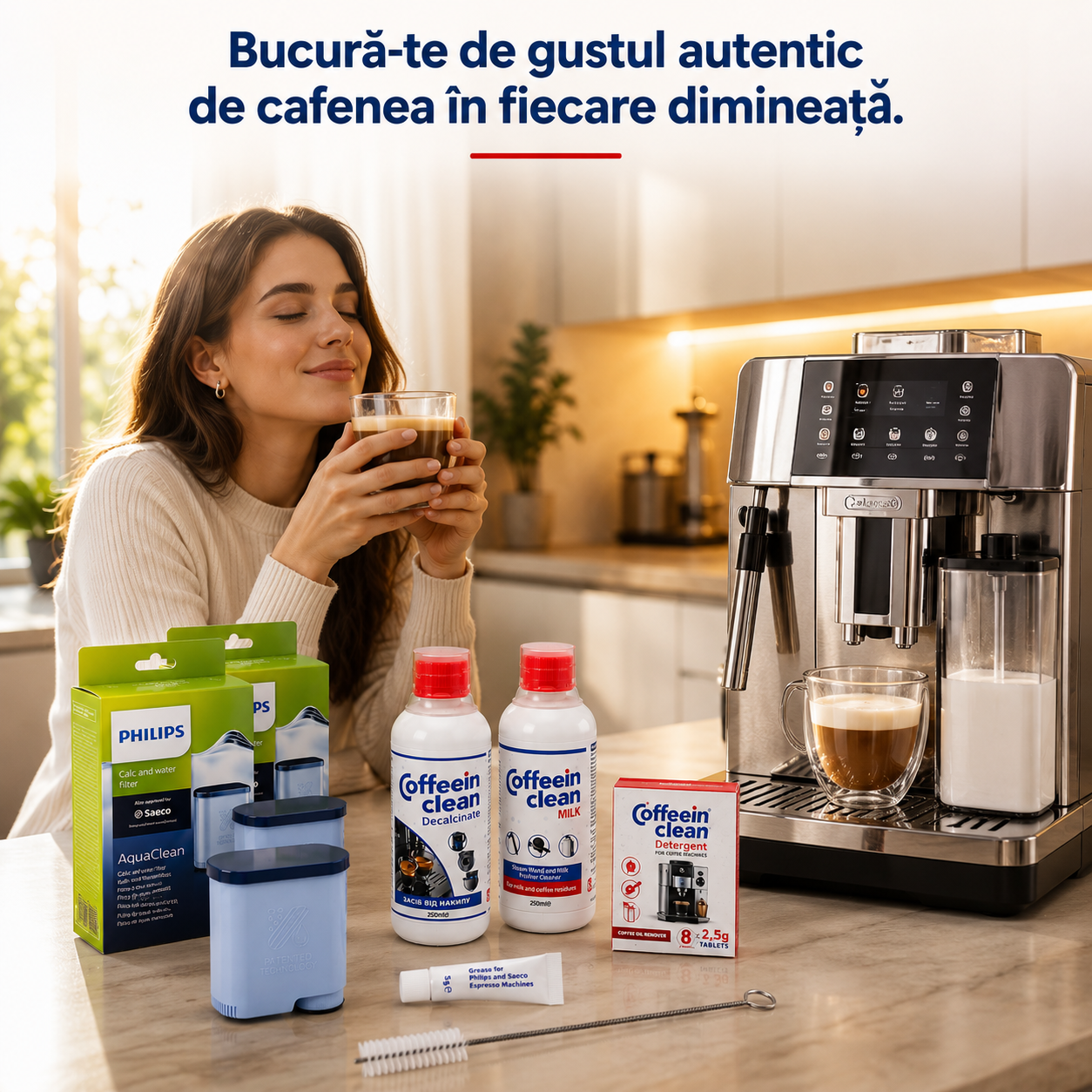 Set complet intretinere espressor Philips Saeco, 2 filtre AquaClean CA6903/10, solutie detartrare 250 ml, curatare circuit lapte 250 ml, 8 pastile 2,5 g, perie 20 cm, vaselina alimentara — Coffeein Clean®