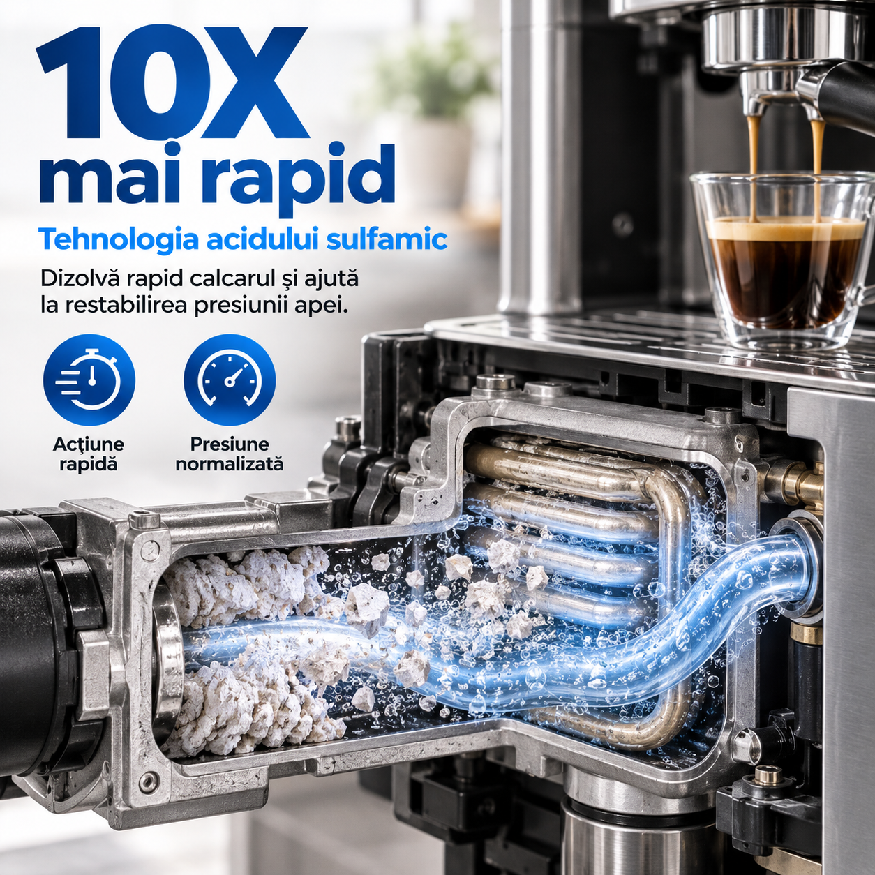Decalcifiant Espressor Coffeein Clean DECALCINATE, 40 g, Pulbere Concentrata Anticalcar, Solutie pentru Curatarea Depunerilor de Calcar, Intretinerea Circuitului de Apa, Compatibil cu Espressoare Automate si Manuale