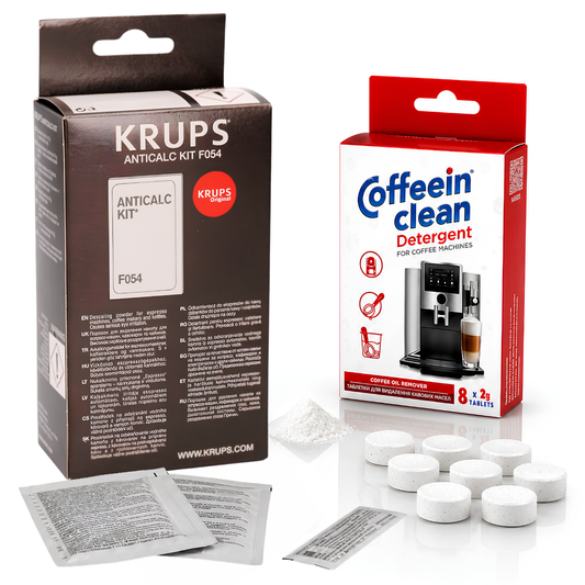 Set anual intretinere espressoare automate Krups, 2 x solutie decalcifiere originala, 8 pastile Coffein Clean curatare uleiuri espressor cafea x 2 g, curatare circuit cafea, compatibil cu toate modelele Krups