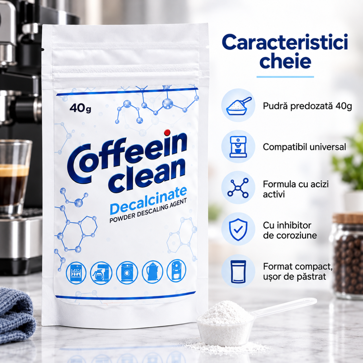 Decalcifiant Espressor Coffeein Clean DECALCINATE, 40 g, Pulbere Concentrata Anticalcar, Solutie pentru Curatarea Depunerilor de Calcar, Intretinerea Circuitului de Apa, Compatibil cu Espressoare Automate si Manuale