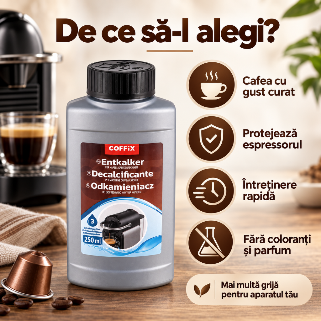 Decalcifiant COFFIX ECO 250 ml pentru Espressoare cu Capsule, 3 Utilizari, Compatibil Nespresso, DeLonghi, Krups, Bosch, Lavazza, Dolce Gusto, Illy, L'OR si Caffitaly