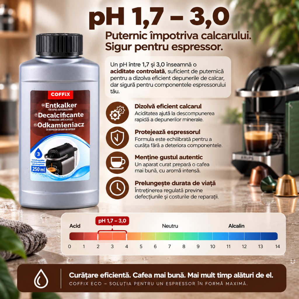 Decalcifiant COFFIX ECO 250 ml pentru Espressoare cu Capsule, 3 Utilizari, Compatibil Nespresso, DeLonghi, Krups, Bosch, Lavazza, Dolce Gusto, Illy, L'OR si Caffitaly