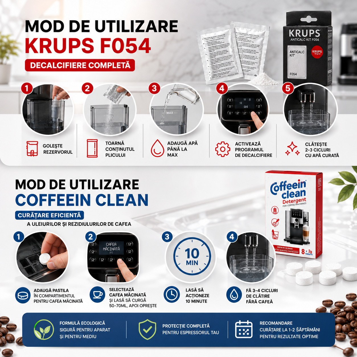 Set anual intretinere espressoare automate Krups, 2 x solutie decalcifiere originala/ 4 cicluri detartrare, 8 pastile Coffein Clean curatare uleiuri espressor cafea x 2 g, curatare circuit cafea, compatibil cu toate modelele Krups