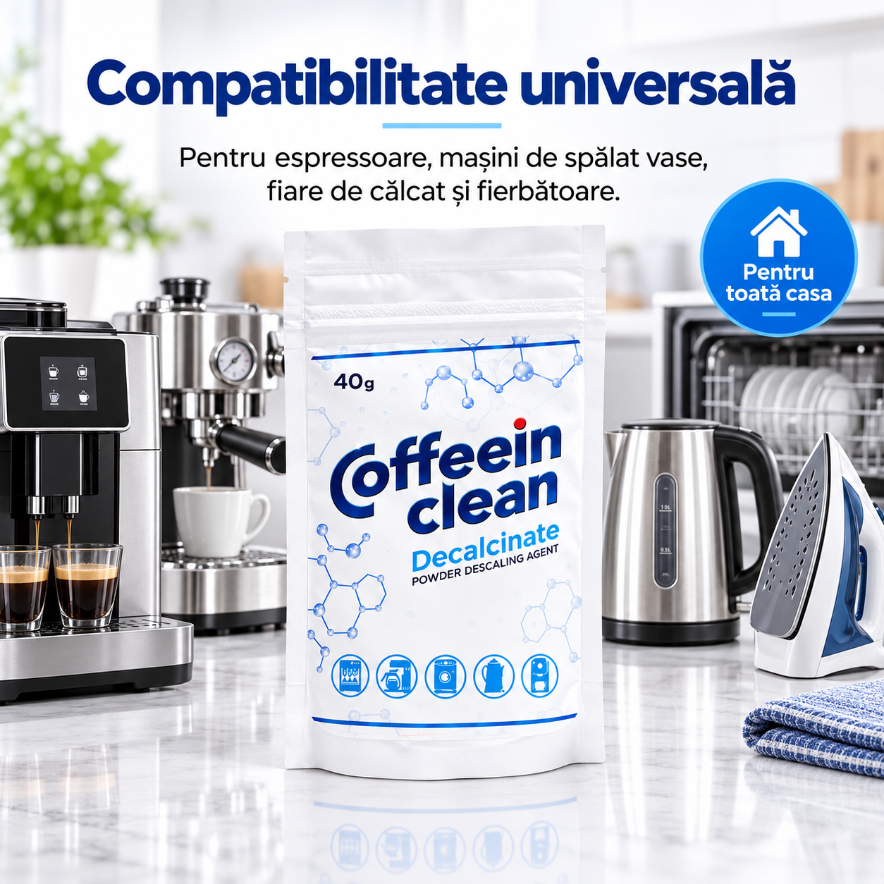 Decalcifiant Espressor Coffeein Clean DECALCINATE, 40 g, Pulbere Concentrata Anticalcar, Solutie pentru Curatarea Depunerilor de Calcar, Intretinerea Circuitului de Apa, Compatibil cu Espressoare Automate si Manuale
