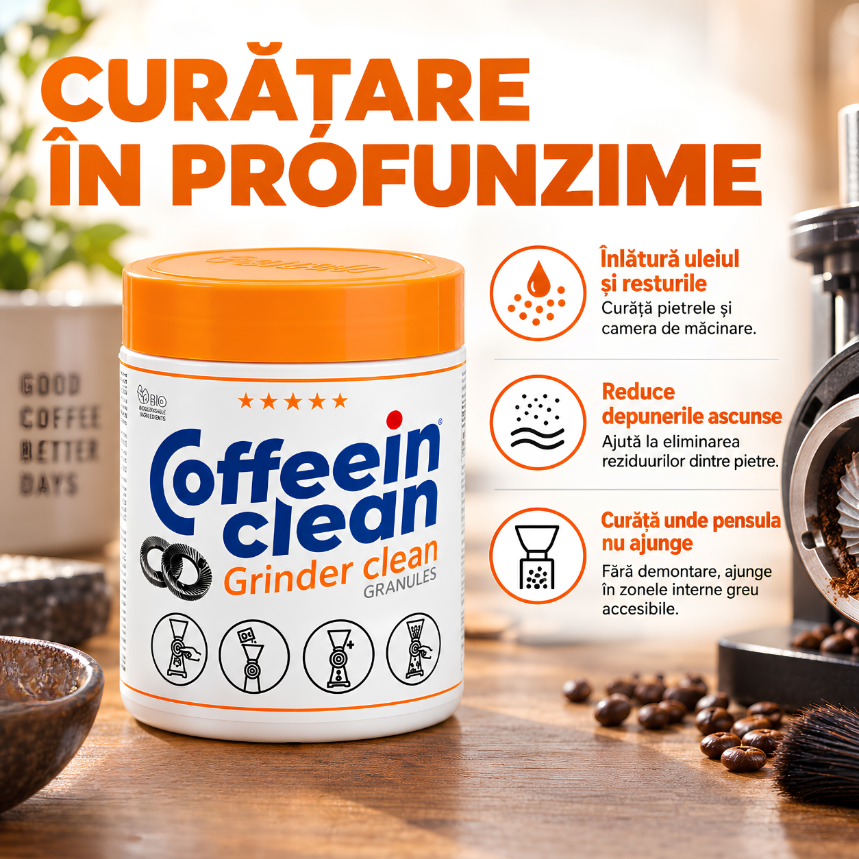 Granule Curatare Rasnita Cafea 300 g, Coffeein Clean® Grinder Clean, pentru Pietre Conice si Plate, Indeparteaza Uleiurile si Reziduurile, Curatare Fara Demontare