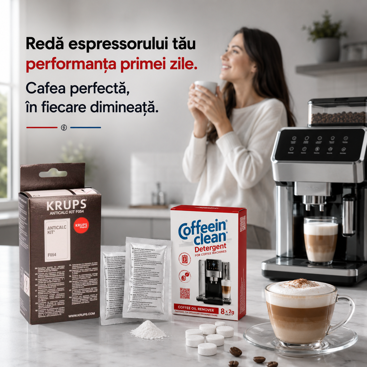 Set anual intretinere espressoare automate Krups, 2 x solutie decalcifiere originala/ 4 cicluri detartrare, 8 pastile Coffein Clean curatare uleiuri espressor cafea x 2 g, curatare circuit cafea, compatibil cu toate modelele Krups