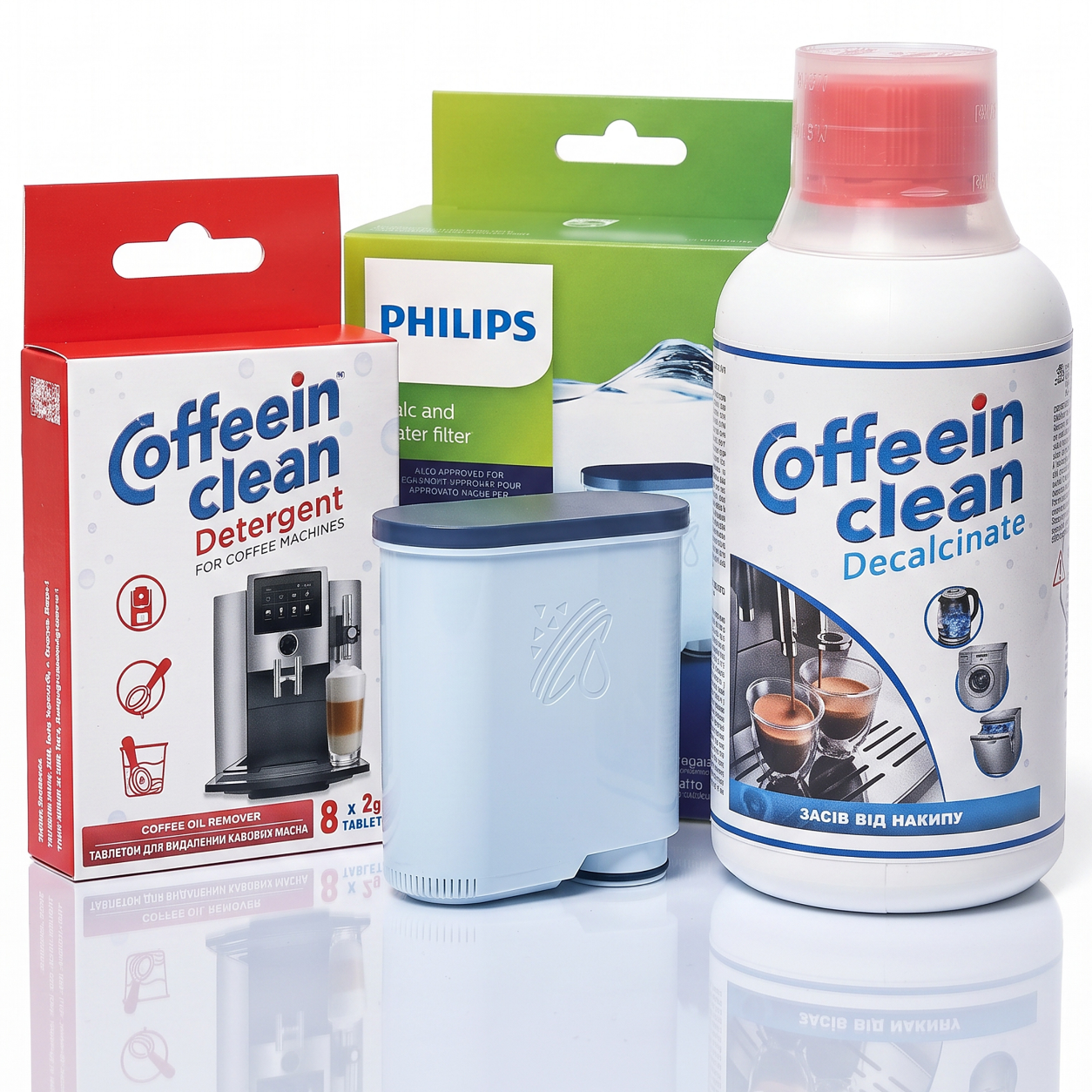 Set intretinere espressor Philips Saeco, 1 filtru AquaClean CA6903/10, 8 x 2,5 g pastile curatare uleiuri cafea, decalcifiant 250 ml pentru 2 cicluri, filtrare apa, protectie anti-calcar si circuit cafea — Coffeein Clean®