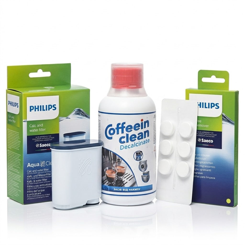 Set Întreținere Philips & Saeco 3-în-1 – Filtru AquaClean + Tablete Degresare Philips + Soluție Detartrare 250ml