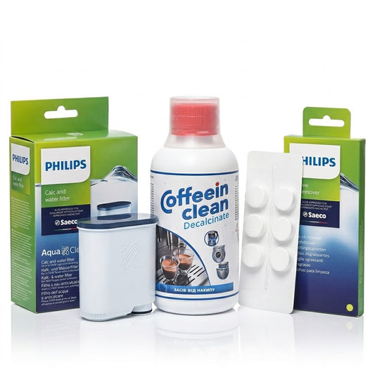 Set Întreținere Philips & Saeco 3-în-1 – Filtru AquaClean + Tablete Degresare Philips + Soluție Detartrare 250ml