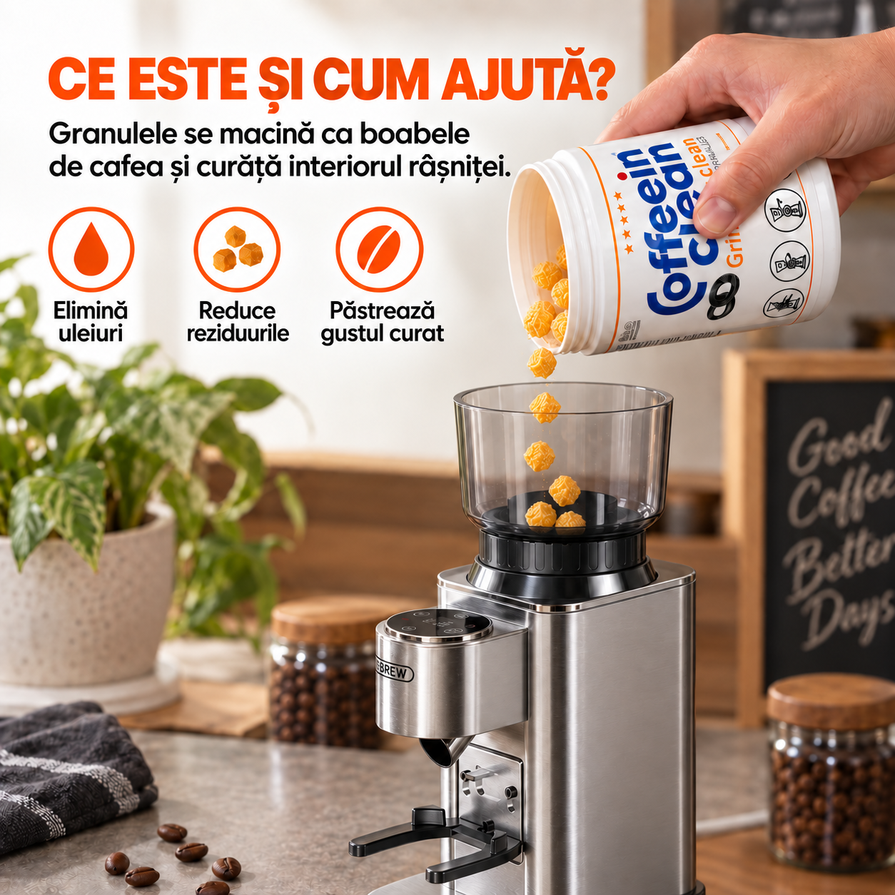 Granule Curatare Rasnita Cafea 300 g, Coffeein Clean® Grinder Clean, pentru Pietre Conice si Plate, Indeparteaza Uleiurile si Reziduurile, Curatare Fara Demontare