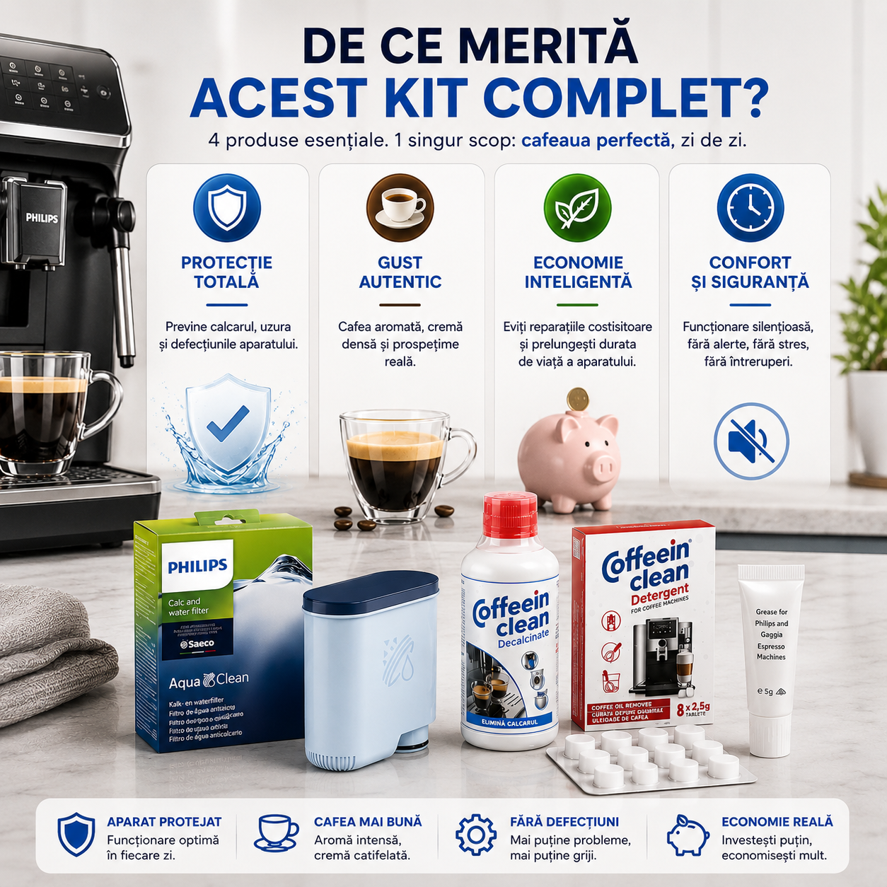 Set intretinere espressor Philips Saeco, 1 filtru AquaClean CA6903/10, solutie decalcifiere 250 ml, 8 pastile Coffeein Clean® 2,5 g, vaselina siliconica alimentara, curatare calcar aparat cafea, uleiuri cafea si lubrifiere infuzor