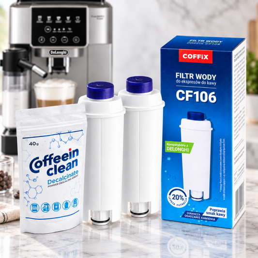 Set întreținere espressor DeLonghi: 2 filtre apă COFFiX CF106 și decalcifiant Coffeein Clean 40 g, compatibil ECAM, ESAM, ETAM, EPAM, BCO și EC