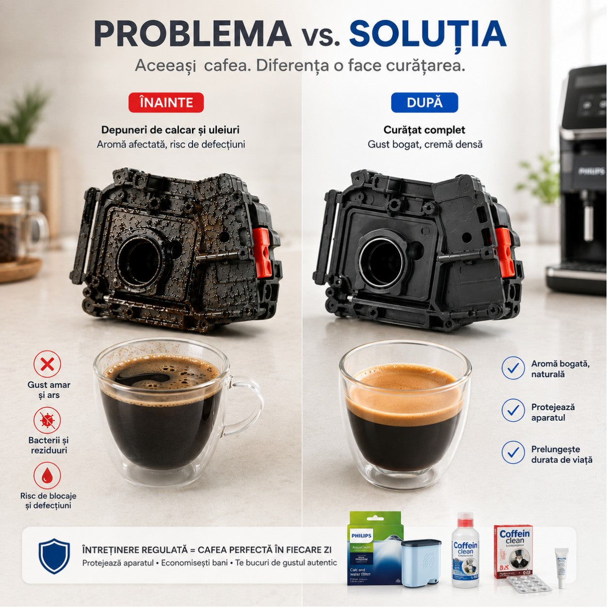 Set intretinere espressor Philips Saeco, 1 filtru AquaClean CA6903/10, solutie decalcifiere 250 ml, 8 pastile Coffeein Clean® 2,5 g, vaselina siliconica alimentara, curatare calcar aparat cafea, uleiuri cafea si lubrifiere infuzor