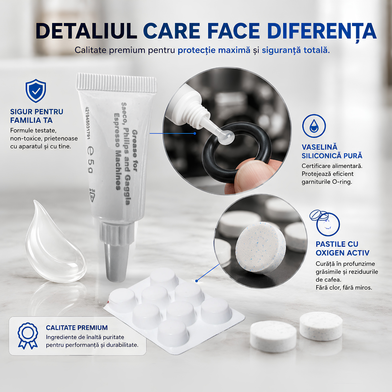 Set complet intretinere espressor Philips Saeco, 2 filtre AquaClean CA6903/10, solutie detartrare 250 ml, curatare circuit lapte 250 ml, 8 pastile 2,5 g, perie 20 cm, vaselina alimentara — Coffeein Clean®