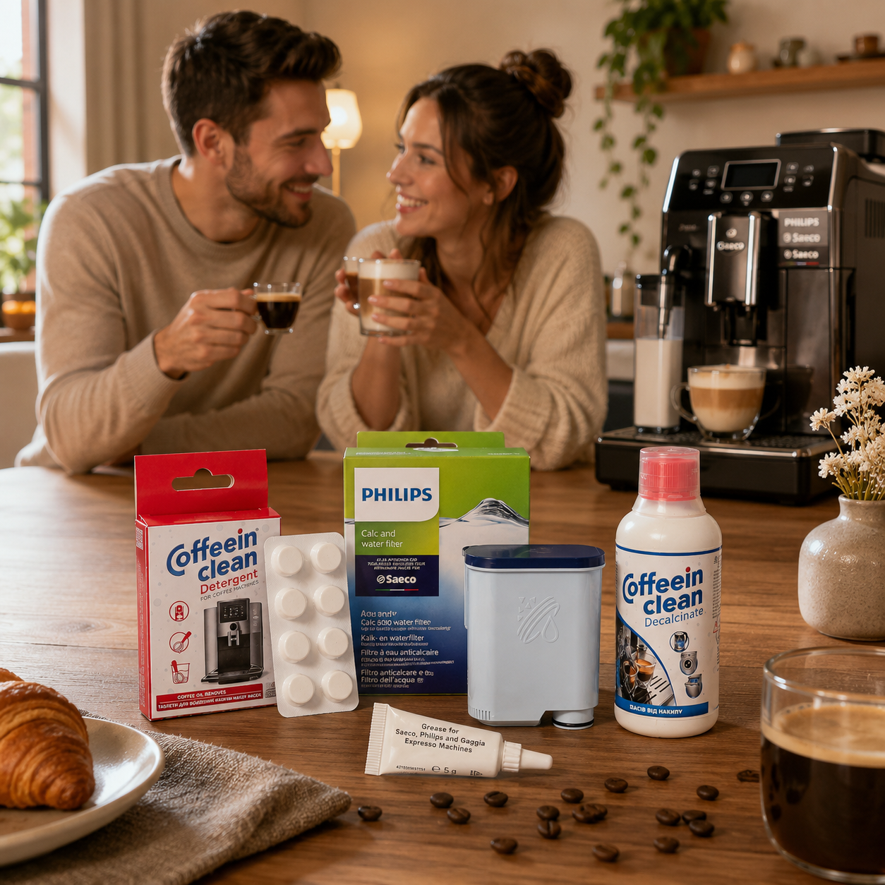 Set intretinere espressor Philips Saeco, 1 filtru AquaClean CA6903/10, solutie decalcifiere 250 ml, 8 pastile Coffeein Clean® 2,5 g, vaselina siliconica alimentara, curatare calcar aparat cafea, uleiuri cafea si lubrifiere infuzor