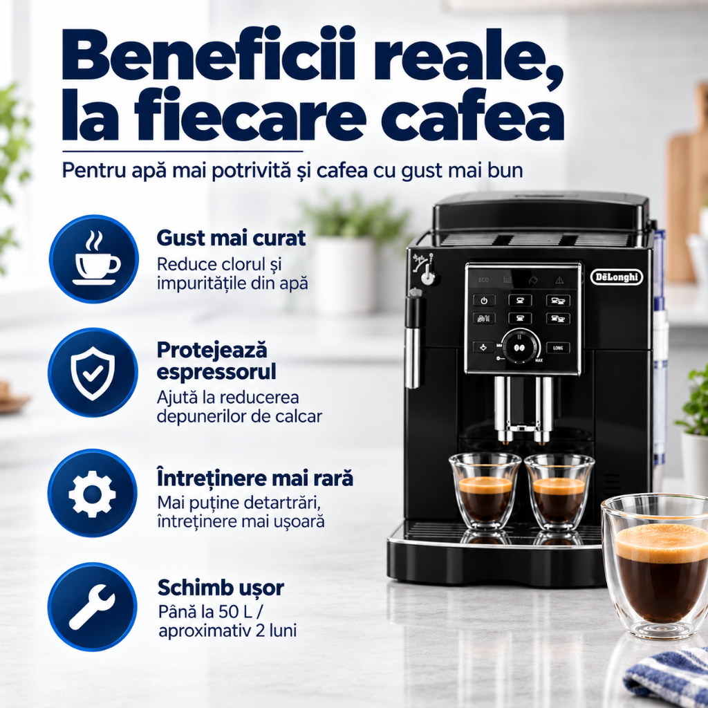 Set 3 Filtre de Apă pentru Espressor COFFiX CF106, Compatibile DeLonghi, Cartușe Filtrante Anticalcar, Reduc Depunerile de Calcar și Impuritățile, Îmbunătățesc Gustul Cafelei, Protejează Sistemul Intern al Aparatului