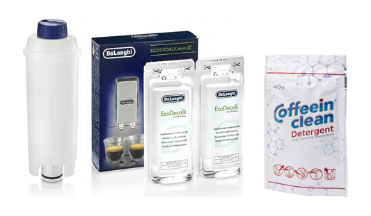 Set Întreținere DeLonghi Premium – Filtru CF106 + Decalcifiere Original + Praf Curățare Uleiuri | 3-în-1