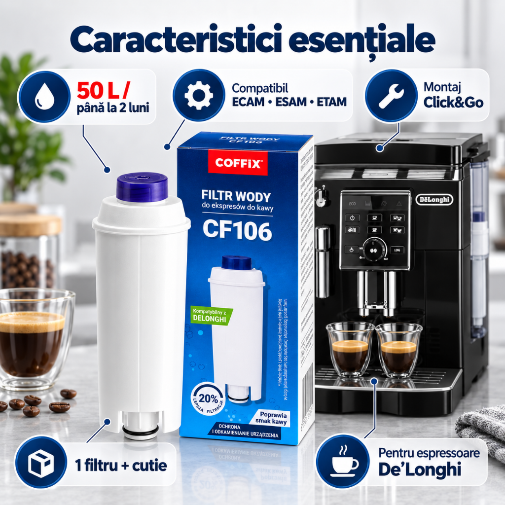 Set 3 Filtre de Apă pentru Espressor COFFiX CF106, Compatibile DeLonghi, Cartușe Filtrante Anticalcar, Reduc Depunerile de Calcar și Impuritățile, Îmbunătățesc Gustul Cafelei, Protejează Sistemul Intern al Aparatului