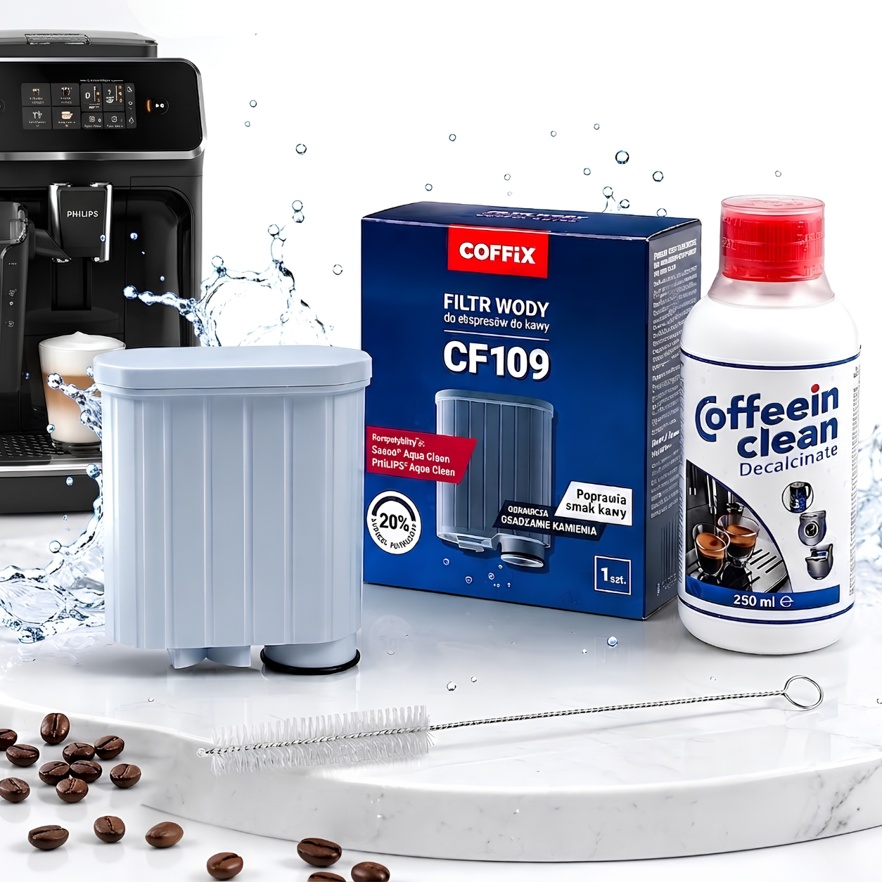 Set intretinere espressor Philips Saeco, filtru AquaClean compatibil CA6903- 625 cesti, solutie detartrare 250 ml - 2 cicluri, perie curatare duze 20 cm, filtrarea impuritatilor, decalcifiere si curatare- Coffeein Clean®